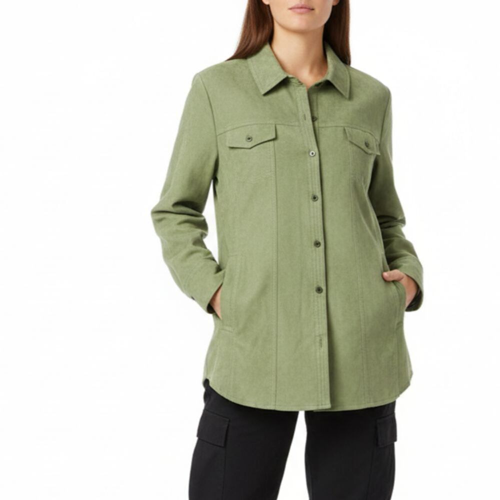 Croft & Barrow Green Faux Suede Long Sleeve Button Up Top Shirt L